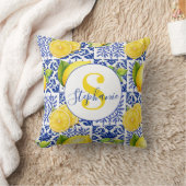 Blue White Lemon Tile Pattern Citrus Monogram Name クッション (ブランケット)