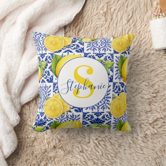Blue White Lemon Tile Pattern Citrus Monogram Name クッション (ブランケット)