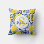 Blue White Lemon Tile Pattern Citrus Monogram Name クッション (裏面)