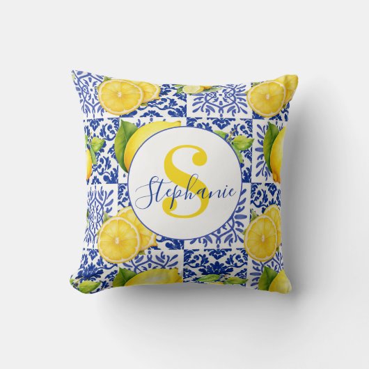 Blue White Lemon Tile Pattern Citrus Monogram Name クッション (正面)