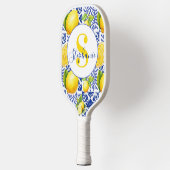 Blue White Lemon Tile Pattern Citrus Monogram Name ピックルボールラケット (左)