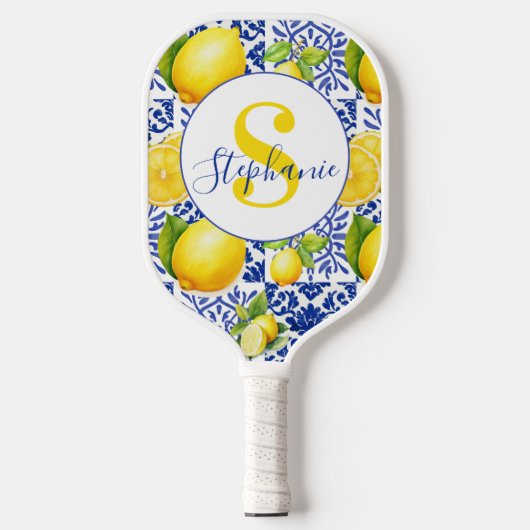 Blue White Lemon Tile Pattern Citrus Monogram Name ピックルボールラケット (正面)