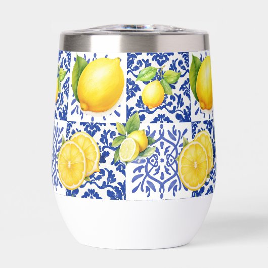 Blue White Lemon Tile Pattern Mediterranean Citrus (正面)