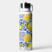 Blue White Lemon Tile Pattern Mediterranean Citrus ウォーターボトル (背面)