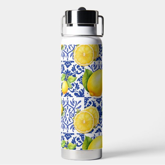 Blue White Lemon Tile Pattern Mediterranean Citrus ウォーターボトル (背面)