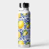Blue White Lemon Tile Pattern Mediterranean Citrus ウォーターボトル (右面)