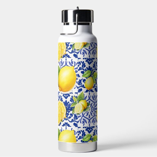 Blue White Lemon Tile Pattern Mediterranean Citrus ウォーターボトル (右面)