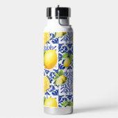 Blue White Lemon Tile Pattern Mediterranean Citrus ウォーターボトル (左面)