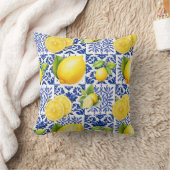 Blue White Lemon Tile Pattern Mediterranean Citrus クッション (ブランケット)
