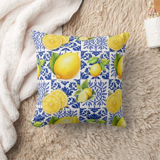 Blue White Lemon Tile Pattern Mediterranean Citrus クッション (ブランケット)