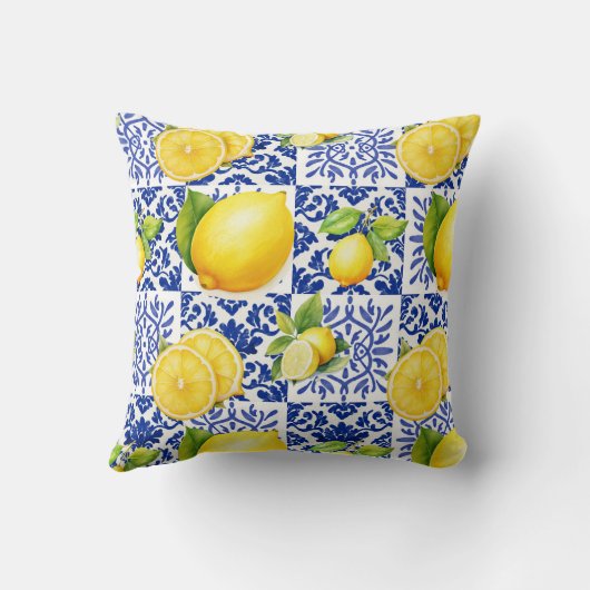 Blue White Lemon Tile Pattern Mediterranean Citrus クッション (裏面)