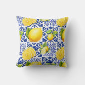 Blue White Lemon Tile Pattern Mediterranean Citrus クッション (正面)