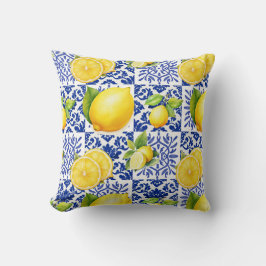 Blue White Lemon Tile Pattern Mediterranean Citrus クッション