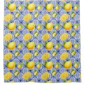 Blue White Lemon Tile Pattern Mediterranean Citrus シャワーカーテン (正面)