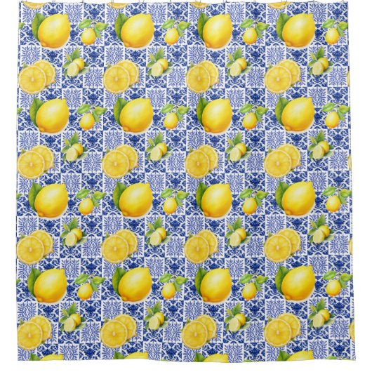 Blue White Lemon Tile Pattern Mediterranean Citrus シャワーカーテン (正面)
