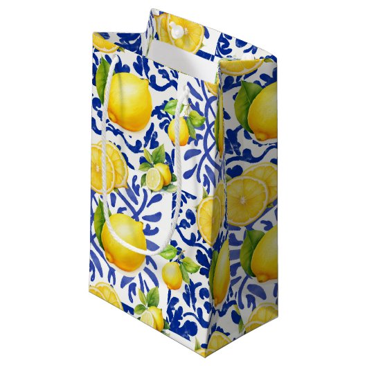 Blue White Lemon Tile Pattern Mediterranean Citrus スモールペーパーバッグ (正面アングル)