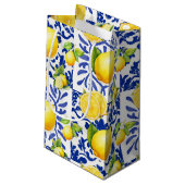 Blue White Lemon Tile Pattern Mediterranean Citrus スモールペーパーバッグ (裏面アングル)