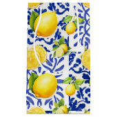 Blue White Lemon Tile Pattern Mediterranean Citrus スモールペーパーバッグ (正面)