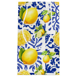 Blue White Lemon Tile Pattern Mediterranean Citrus スモールペーパーバッグ