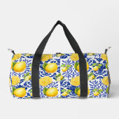 Blue White Lemon Tile Pattern Mediterranean Citrus ダッフルバッグ (正面)
