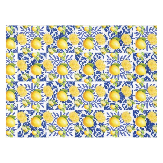 Blue White Lemon Tile Pattern Mediterranean Citrus テーブルクロス (正面(横))