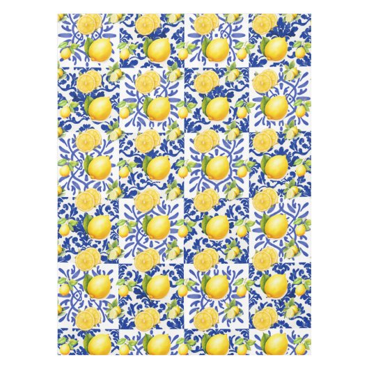 Blue White Lemon Tile Pattern Mediterranean Citrus テーブルクロス (正面)