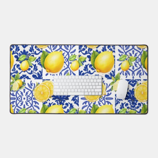 Blue White Lemon Tile Pattern Mediterranean Citrus デスクマット (キーボード&マウス)