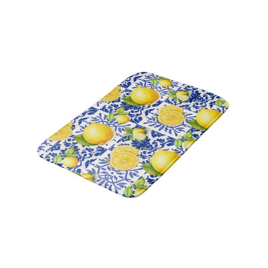 Blue White Lemon Tile Pattern Mediterranean Citrus バスマット (アングル)