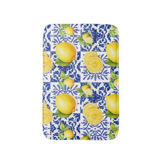Blue White Lemon Tile Pattern Mediterranean Citrus バスマット (正面縦)