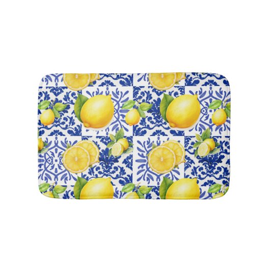 Blue White Lemon Tile Pattern Mediterranean Citrus バスマット (正面)