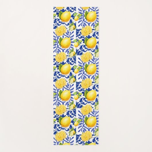 Blue White Lemon Tile Pattern Mediterranean Citrus ヨガマット (正面)