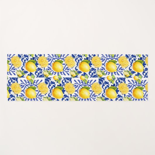 Blue White Lemon Tile Pattern Mediterranean Citrus ヨガマット (正面(横))
