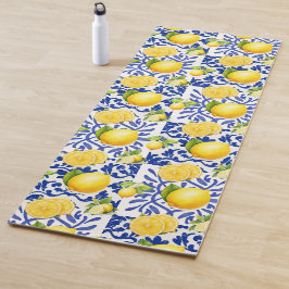 Blue White Lemon Tile Pattern Mediterranean Citrus ヨガマット