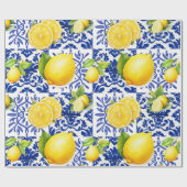 Blue White Lemon Tile Pattern Mediterranean Citrus ラッピングペーパー (フラット)