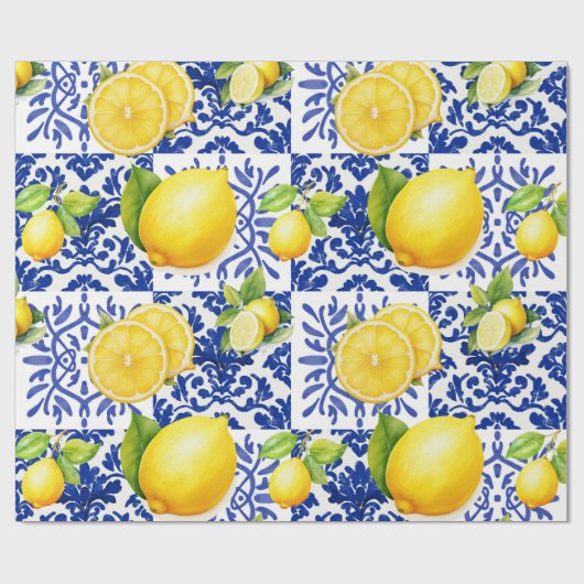 Blue White Lemon Tile Pattern Mediterranean Citrus ラッピングペーパー (フラット)