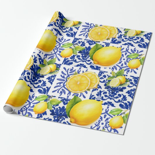 Blue White Lemon Tile Pattern Mediterranean Citrus ラッピングペーパー (アンロールド)