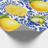 Blue White Lemon Tile Pattern Mediterranean Citrus ラッピングペーパー (角)