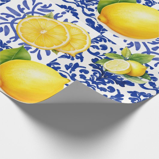 Blue White Lemon Tile Pattern Mediterranean Citrus ラッピングペーパー (角)