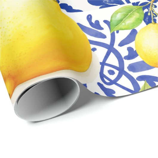 Blue White Lemon Tile Pattern Mediterranean Citrus ラッピングペーパー (ロールコーナー)