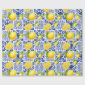 Blue White Lemon Tile Pattern Mediterranean Citrus ラッピングペーパー (フラット)