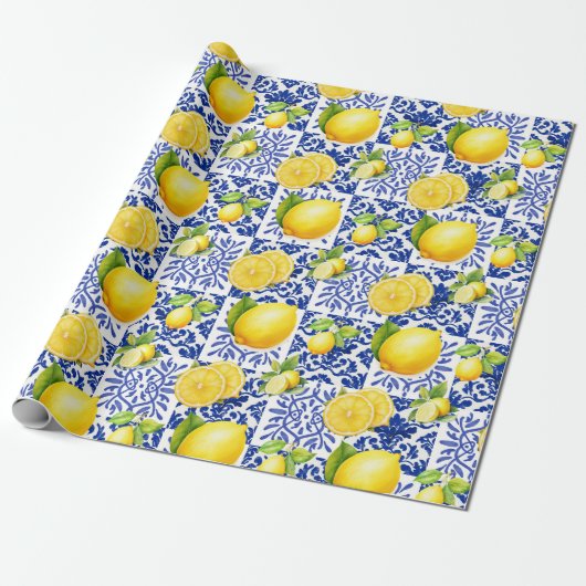 Blue White Lemon Tile Pattern Mediterranean Citrus ラッピングペーパー (アンロールド)