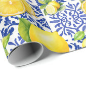 Blue White Lemon Tile Pattern Mediterranean Citrus ラッピングペーパー (ロールコーナー)