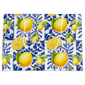 Blue White Lemon Tile Pattern Mediterranean Citrus ラージペーパーバッグ (正面)