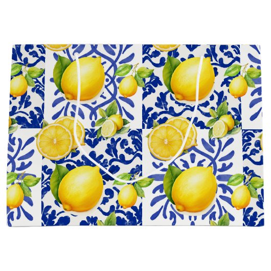 Blue White Lemon Tile Pattern Mediterranean Citrus ラージペーパーバッグ (正面)