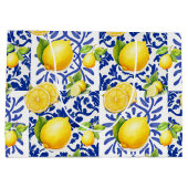 Blue White Lemon Tile Pattern Mediterranean Citrus ラージペーパーバッグ (裏面)