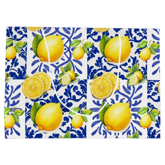 Blue White Lemon Tile Pattern Mediterranean Citrus ラージペーパーバッグ (裏面)
