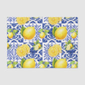 Blue White Lemon Tile Pattern Mediterranean Citrus 薄葉紙 (正面)