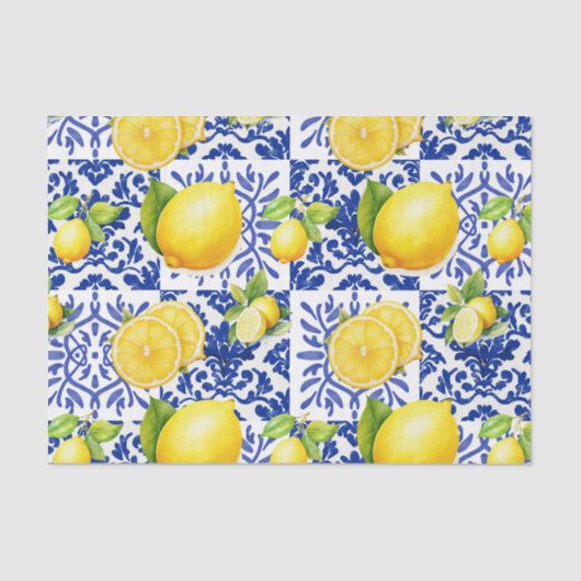 Blue White Lemon Tile Pattern Mediterranean Citrus 薄葉紙 (正面)