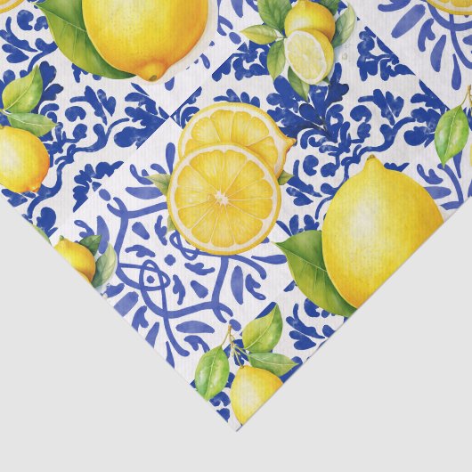 Blue White Lemon Tile Pattern Mediterranean Citrus 薄葉紙 (詳細)