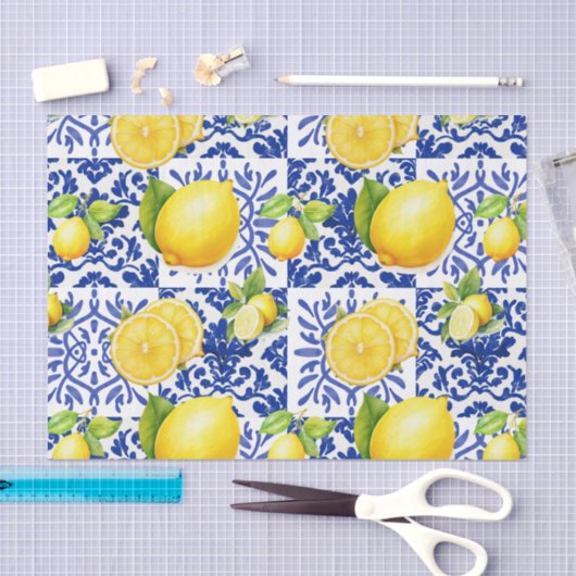 Blue White Lemon Tile Pattern Mediterranean Citrus 薄葉紙 (クラフト)